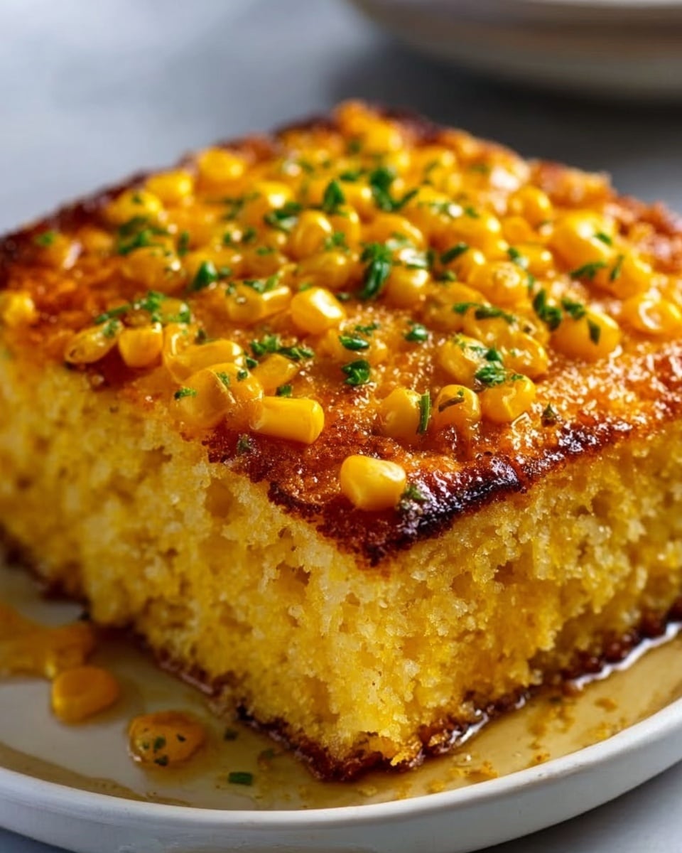 A square piece of cornbread sits on a white plate, featuring two clear layers: the bottom layer is a soft, moist yellow cornbread with a slightly crumbly texture, while the top layer is a golden-brown crust covered with bright yellow corn kernels and small green chopped herbs scattered on top. The edges of the cornbread show a slight crispiness, and some honey or syrup is glistening around the base, making it look shiny. The white marbled texture is faintly visible beneath the plate. photo taken with an iphone --ar 4:5 --v 7