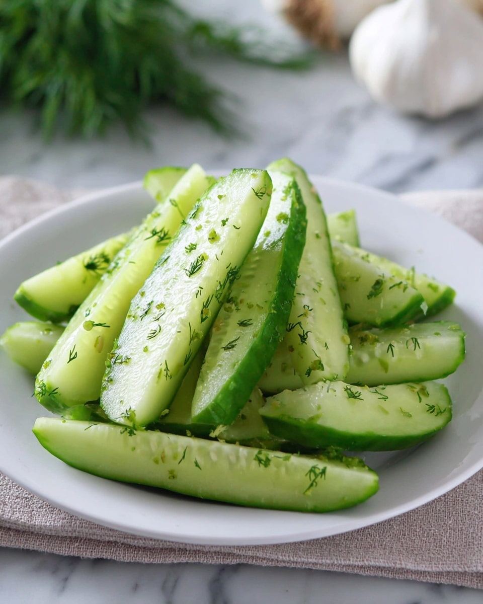 The image shows a white plate filled with cucumber slices cut into long, thin wedges. Each wedge features a spread of light green skin on one side and pale green flesh on the other, with visible seeds within the flesh. The cucumbers are sprinkled evenly with tiny, bright green dill bits, adding a speckled texture. The plate rests on a white marbled surface, with a blurred garlic bulb and some greenery in the background. The overall color palette is fresh and light green, with the cucumbers arranged in a slight pile. photo taken with an iphone --ar 4:5 --v 7