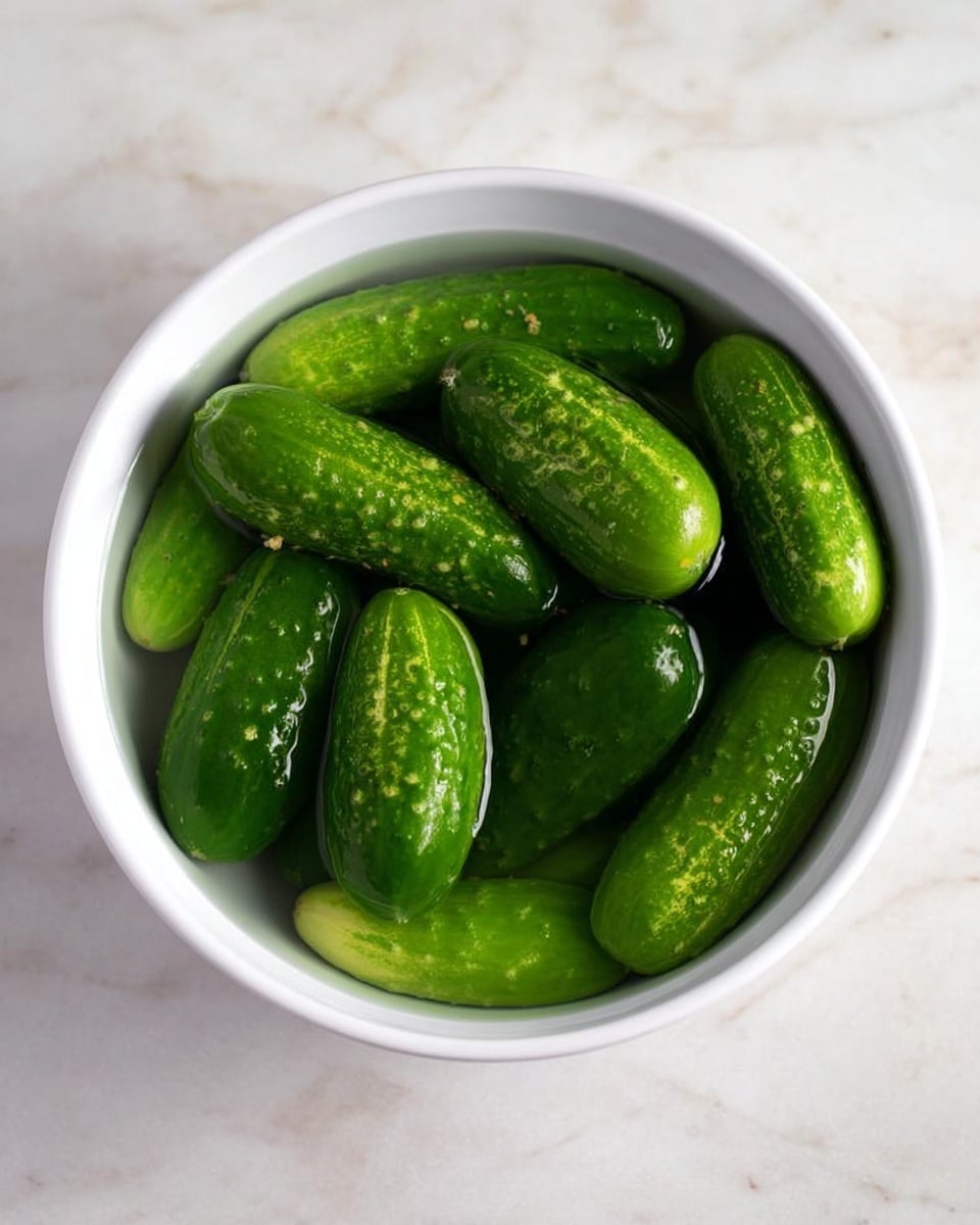 A white bowl is filled with several fresh small green cucumbers, some floating in water. The cucumbers have a shiny, smooth texture with small bumps and light green spots. The bowl sits on a white marbled surface, and the lighting shows the natural green colors and slight water reflections. photo taken with an iphone --ar 4:5 --v 7