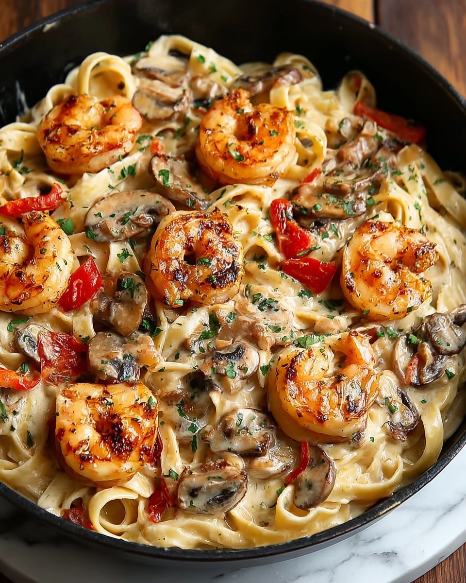 A close-up view of a black pan filled with creamy fettuccine pasta, topped with several plump grilled shrimp that are light orange with char marks, thinly sliced sautéed mushrooms that are light brown with a soft texture, and small pieces of red bell pepper scattered around. The pasta is coated evenly with a creamy white sauce, and everything is sprinkled with chopped green herbs, all placed on a white marbled surface. Photo taken with an iphone --ar 4:5 --v 7
