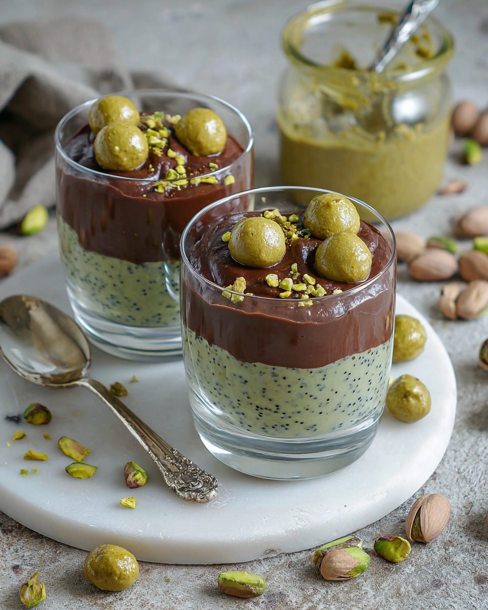 Two clear glass dessert cups are placed on a white plate, each filled with two layers of food. The bottom layer is light green with black seeds, smooth and creamy in texture. The top layer is shiny and dark brown chocolate pudding, spread evenly and topped with small round green nut balls and crushed green pistachios. Around the plate are scattered whole and cracked pistachio nuts and round green nut balls. In the background, there is an open jar of green nut spread with a knife resting inside and a light-colored bottle. This scene is set on a white marbled surface. photo taken with an iphone --ar 4:5 --v 7
