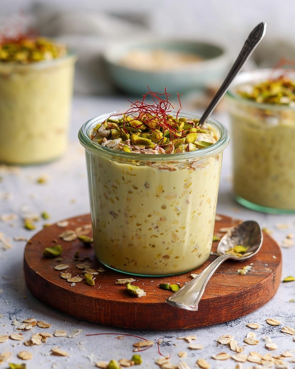 A clear glass jar filled with three visible layers: the bottom layer is a thick creamy yellow liquid, likely milk or cream; the middle layer contains soft, plump oats soaked in the liquid, appearing light beige with a chunky texture; the top layer is sprinkled with thin, green slivers of pistachios and delicate, thin red threads of saffron spread unevenly. The jar sits on a round wooden board, placed on a white marbled surface with a few oat flakes scattered nearby. The photo taken with an iphone --ar 4:5 --v 7