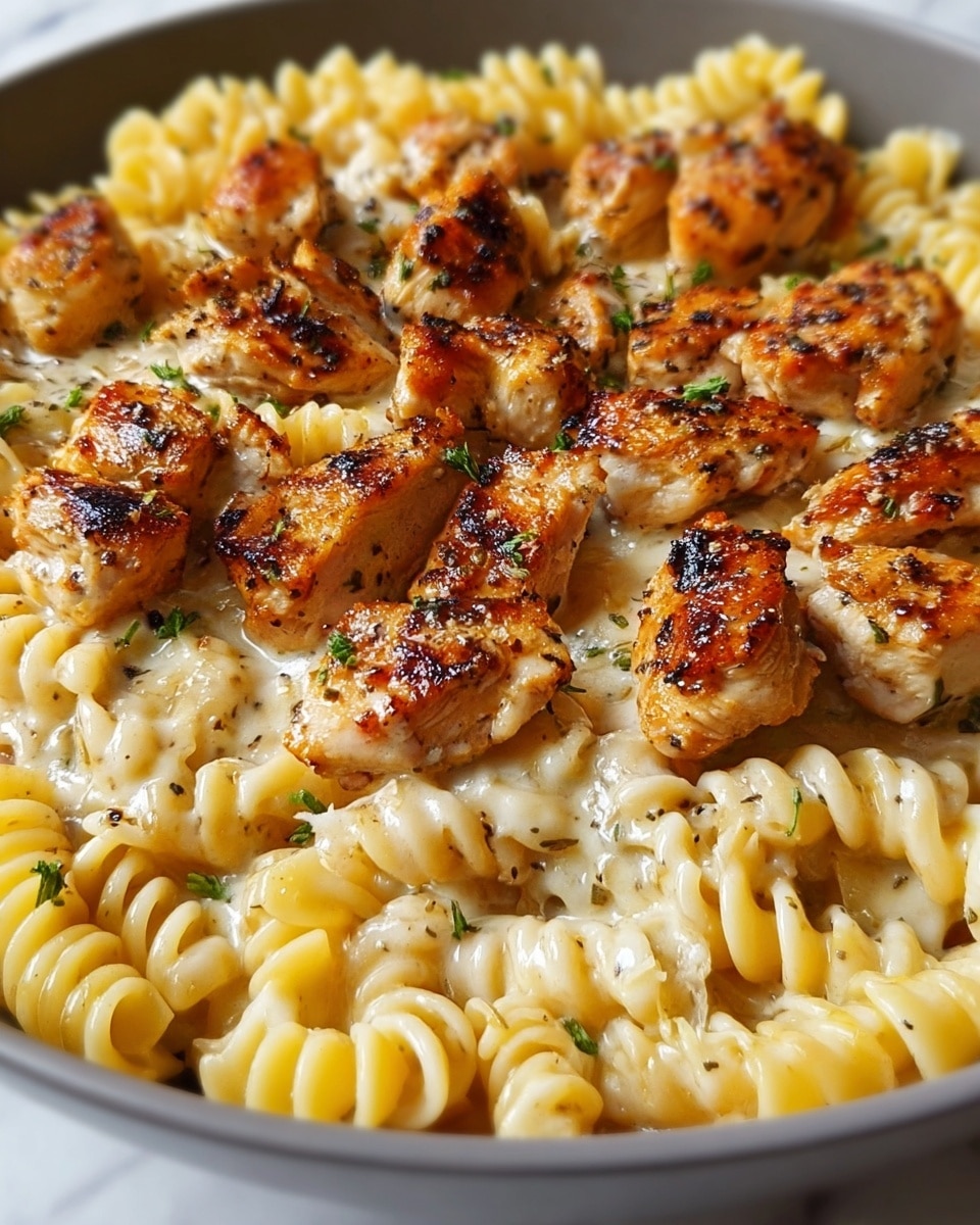 This close-up image shows a creamy pasta dish with several layers. The base layer is made up of yellow, spiral-shaped rotini pasta coated in a shiny, white creamy sauce. On top, there are multiple pieces of golden-brown grilled chicken, each piece showing a slightly charred, textured surface with black pepper and spices sprinkled on them. Small green herb bits are scattered lightly over the pasta and chicken, adding a touch of color. The entire dish is served in a white bowl against a white marbled background. Photo taken with an iphone --ar 4:5 --v 7