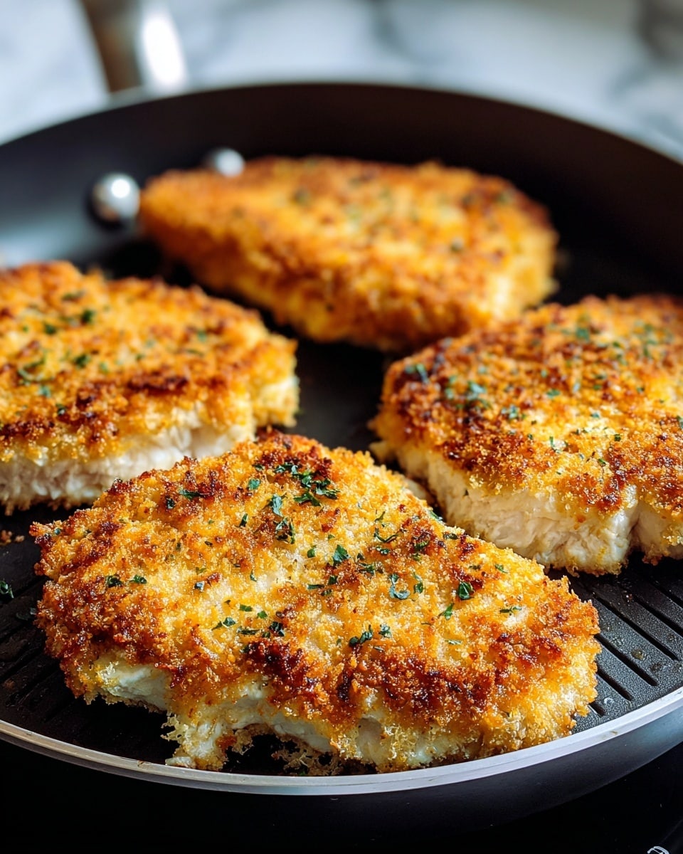 The image shows four golden brown breaded chicken cutlets cooking in a black pan. The cutlets have a crispy, textured coating with a mix of light and dark golden brown shades, sprinkled with small green herb bits on top. The front cutlet is slightly lifted, showing a juicy, white inside with a moist texture. The pan has ridges at the bottom, and the entire scene is set against a soft, blurred white marbled texture in the background. photo taken with an iphone --ar 4:5 --v 7