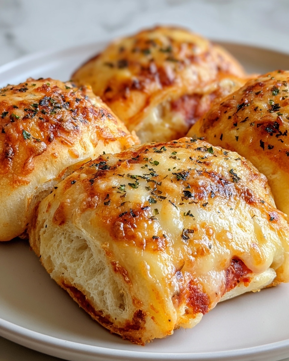 The image shows three golden-brown baked rolls placed closely together on a white plate, each around two layers thick. The top layer is a bubbly, melted cheese with a slightly browned and crispy texture, sprinkled evenly with small green and black herb flakes. Below that is a light, fluffy bread layer that looks soft and slightly browned at the edges. Inside the rolls, visible at the open ends, is a layer of red tomato sauce mixed with melted cheese, creating a creamy and rich filling. The plate rests on a white marbled surface, giving a clean and bright background to the warm and inviting baked rolls. photo taken with an iphone --ar 4:5 --v 7