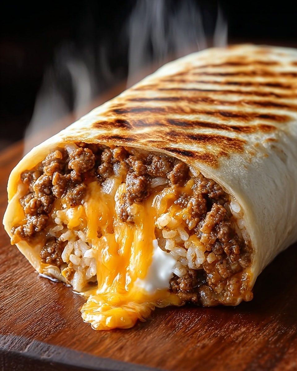 A close-up view of a large burrito with a golden-brown, grilled outer layer showing grill marks. Inside, there are layers of cooked minced beef, white rice, melted orange cheddar cheese dripping out, and a bit of white sour cream near the top inside the wrap. The burrito is placed on a wooden surface with steam rising from it, giving a fresh, hot appearance. Photo taken with an iphone --ar 4:5 --v 7