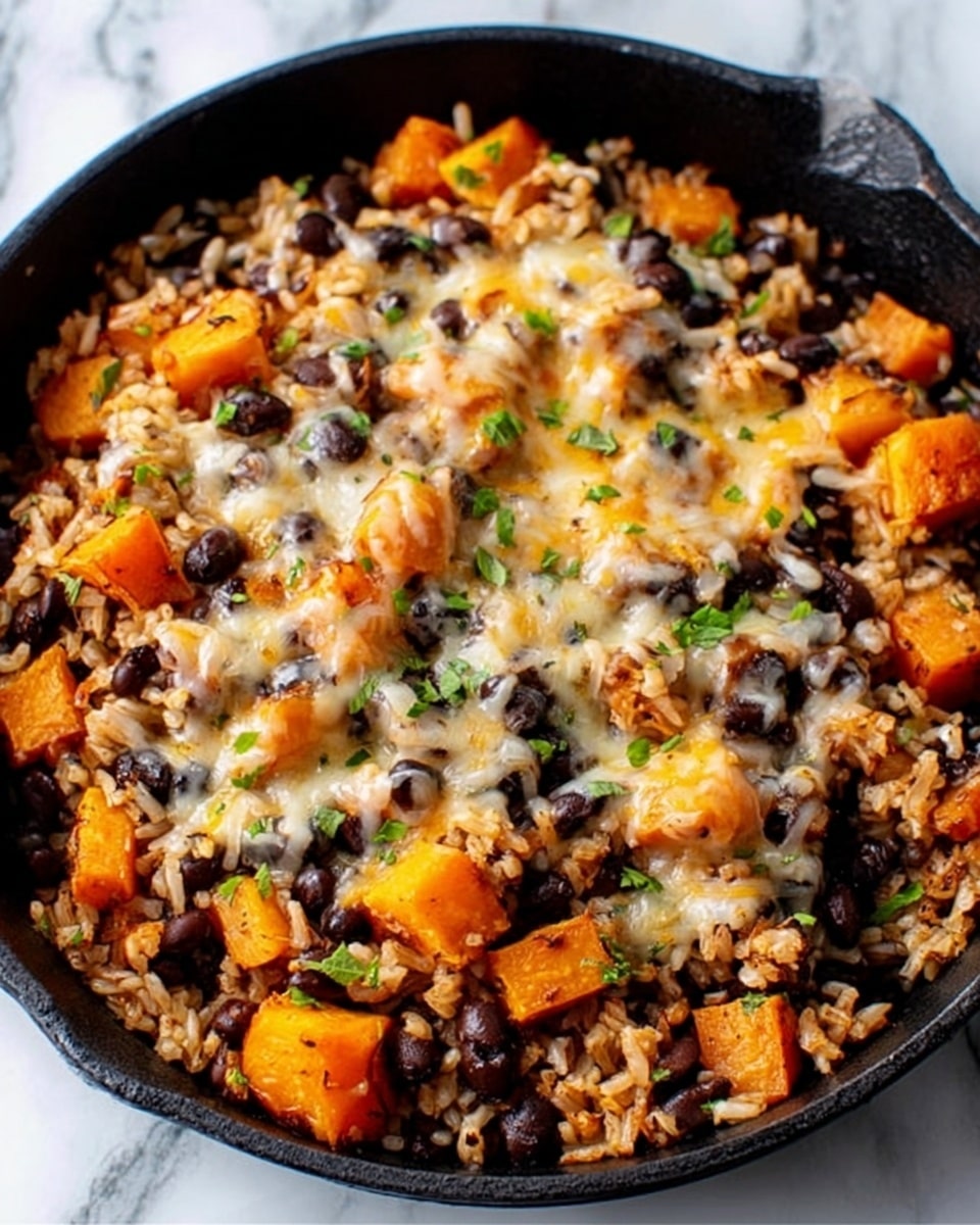 The image shows a black skillet filled with a colorful dish made of rice, black beans, and bright orange sweet potato cubes. The rice is fluffy and light brown, mixed well with the black beans which add small dark spots throughout. The sweet potato cubes are soft with a slightly roasted look, sitting on top and throughout the dish. Melted cheese covers most of the top layer, giving it a creamy, golden texture that stretches slightly over the beans and sweet potatoes. Small green herbs are sprinkled on the cheese, adding a fresh touch. The skillet rests on a white marbled surface. photo taken with an iphone --ar 4:5 --v 7