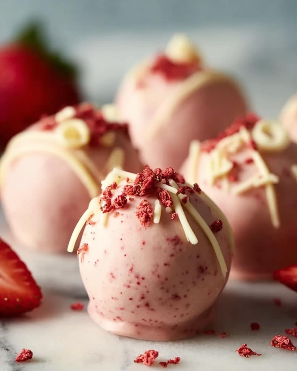 The image shows several round pink truffles placed together, with a smooth and slightly speckled pink coating. Each truffle is topped with small bits of crushed red decoration and white chocolate curls, adding texture on top. In the background, there are blurred red strawberries, and the truffles sit on a white marbled surface. The scene is softly lit to highlight the creamy texture of the truffles. Photo taken with an iphone --ar 4:5 --v 7