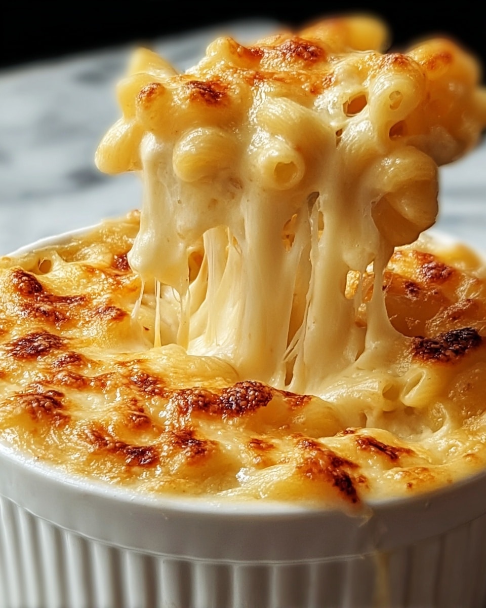 A close-up of a white ramekin filled with baked macaroni and cheese showing a top layer of golden-brown melted cheese with bubbly, slightly crisp spots. The second layer just below is creamy, thick melted cheese stretched upward, dripping as macaroni noodles are lifted from the dish. The macaroni pieces are coated in smooth cheese sauce, visible through gooey, stretchy cheese strands adding texture and depth. The ramekin sits on a white marbled surface. photo taken with an iphone --ar 4:5 --v 7