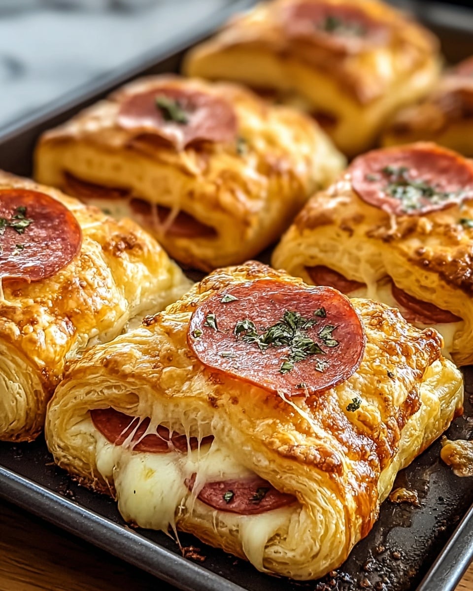 The image shows multiple golden-brown puff pastry squares, each with two visible layers of folded, flaky crust on top. Inside the puff pastry, there are slices of reddish-brown pepperoni and melted white cheese stretching slightly between the layers. Small green herb pieces are sprinkled on top of the cheese. The pastries rest closely together on a dark baking tray, with a white marbled texture surface barely visible in the background. photo taken with an iphone --ar 4:5 --v 7