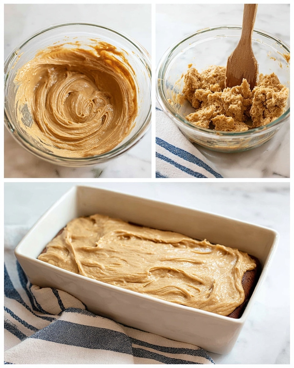 The image shows a sequence of mixing and preparing a batter with a light brown color and creamy texture. In the first top-left part, the batter is smooth, swirled around the sides of a clear glass mixing bowl. The top-right part shows a thicker, chunkier batter with more texture, still inside the same glass bowl with a wooden spatula stirring it. The bottom half of the image reveals the batter spread evenly inside a white loaf pan with slight peaks and uneven texture on the surface, resting on a white cloth with blue stripes, all placed on a white marbled surface. photo taken with an iphone --ar 4:5 --v 7