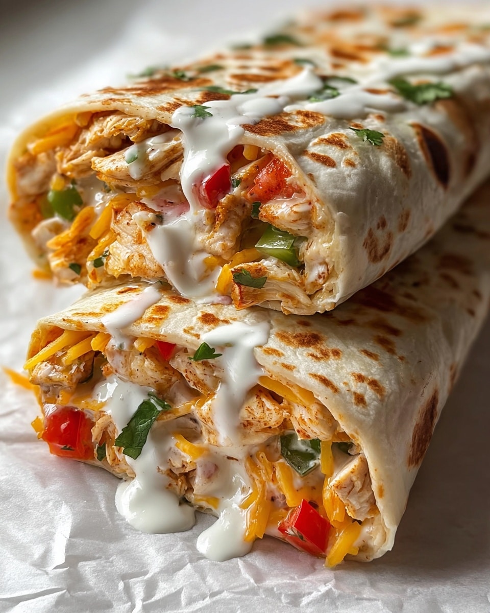 A close-up view of a folded soft white tortilla with brown roasted spots, filled with several layers including shredded orange cheddar cheese, chunks of cooked white chicken with seasoning, small pieces of red and green bell peppers, fresh green cilantro, all topped with a drizzle of white creamy sauce. The burrito sits on white marbled paper beneath it. photo taken with an iphone --ar 4:5 --v 7