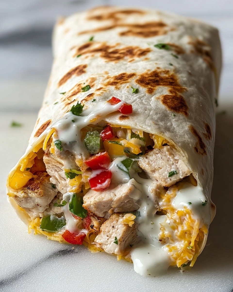 A close-up image of a wrapped tortilla burrito on a white marbled surface, showing layers inside. The outer layer is a soft, white tortilla with toasted brown spots. Inside, there are three main layers: cooked white chicken pieces seasoned with spices, melted shredded yellow and white cheese, and chopped red and green bell peppers mixed with fresh green herbs. The burrito is drizzled with white creamy sauce over the filling, adding a moist texture. Photo taken with an iphone --ar 4:5 --v 7