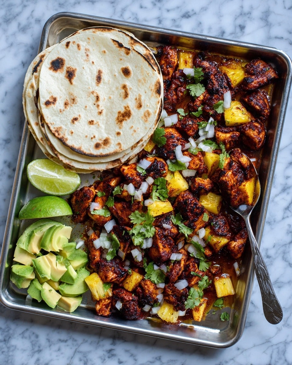 The image shows a metal tray filled with grilled chicken pieces glazed in a reddish-brown sauce, mixed with bright yellow pineapple chunks and sprinkled with fresh green cilantro leaves and small white onion pieces. At the top right of the tray, there are three white corn tortillas stacked, appearing soft with charred brown spots. Near the tortillas, there are two lime wedges, one whole and one cut in half, adding a fresh green-yellow touch. A silver spoon rests on the left side of the tray, partly covered by the chicken. The tray is set on a light blue textured surface modified to a white marbled texture in the final image. photo taken with an iphone --ar 4:5 --v 7