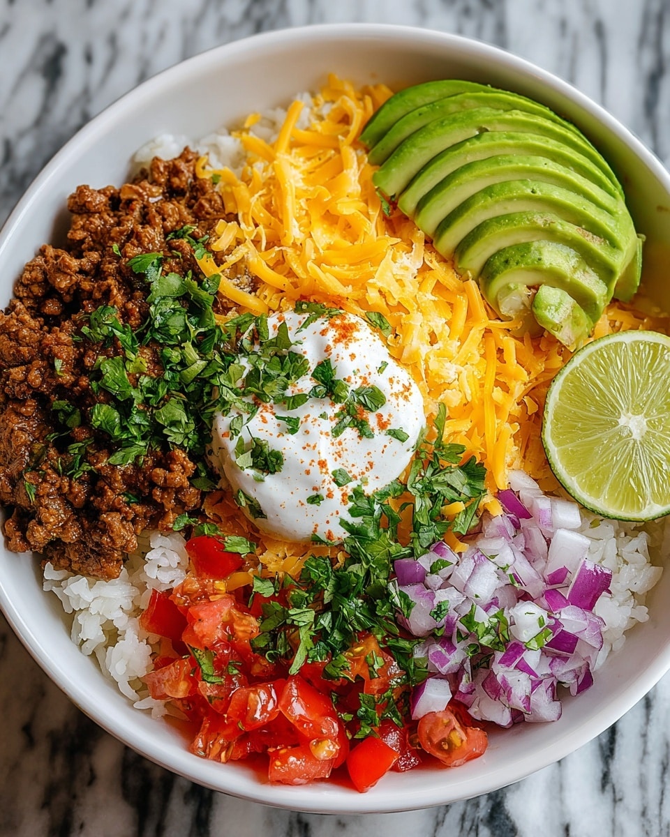 A white bowl filled with a layered dish starting at the base with white rice, topped on one side with seasoned brown minced meat covered partially by a thick layer of shredded bright orange cheese, then a dollop of white sour cream sprinkled with green chopped herbs and red spice, next to slices of green avocado arranged neatly beside a pale green wedge of lime, and on the opposite side a colorful mix of diced red tomatoes and small pieces of purple onions, all garnished with fresh green chopped cilantro, the bowl set on a white marbled textured surface. photo taken with an iphone --ar 4:5 --v 7