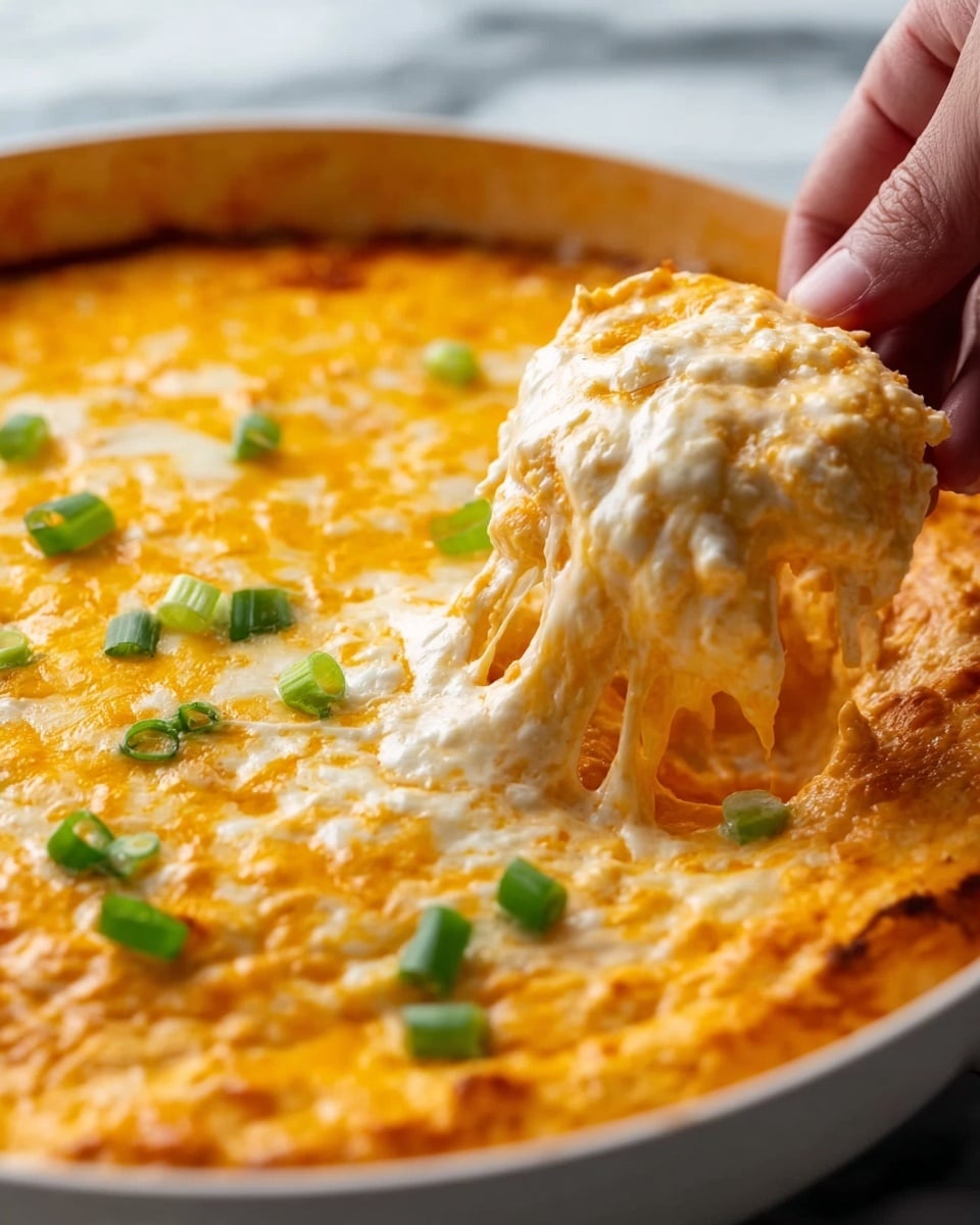 A close-up of a creamy, cheesy orange dip with a thick, smooth texture in a white pot. The dip's surface is mostly covered with melted cheese showing bubbly and gooey patterns, with a few small pieces of green onion sprinkled on top for color contrast. A woman's hand is scooping some of the dip, revealing a stretchy, soft inside that looks slightly lighter in color than the top. The dish is set against a white marbled texture background. photo taken with an iphone --ar 4:5 --v 7