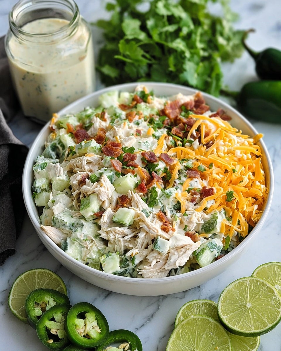 The dish is a creamy chicken salad served in a white bowl. It has several layers and textures visible: shredded white chicken pieces mixed with chopped green celery and cucumber, bits of crispy brown bacon, and finely shredded orange cheddar cheese all coated in a thick, light creamy dressing. Around the bowl, you can see fresh green cilantro leaves, a whole dark green jalapeño, and halved limes with bright green insides on a white marbled surface. A jar of creamy dressing with a black lid is visible in the background. photo taken with an iphone --ar 4:5 --v 7