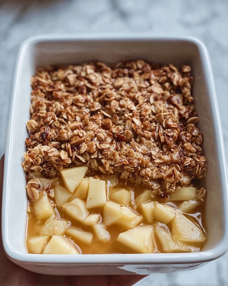 The image shows a rectangular white dish filled with a baked apple oatmeal dessert. The dessert has two distinct layers: the bottom layer consists of chunky, pale yellow apple pieces mixed with soft oats and a cinnamon-spiced syrup that looks moist and sticky. The top layer is a golden brown, crumbly oat and nut mixture, toasted to a crunchy texture with visible oats and small nut pieces. The dish is placed against a white marbled texture background and part of a woman's hand is visible holding the dish. Photo taken with an iphone --ar 4:5 --v 7