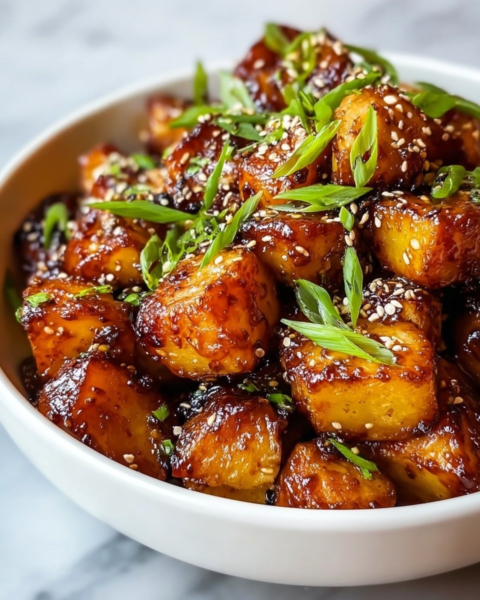 The dish shows a close-up view of golden brown roasted potato cubes coated in a dark sticky sauce, giving them a shiny and caramelized look. The potatoes are garnished with bright green sliced scallions and scattered pale sesame seeds, adding a fresh and crunchy texture. All the pieces are piled together inside a white bowl, placed on a white marbled surface in soft natural light that highlights the contrasting colors and glossiness of the sauce. photo taken with an iphone --ar 4:5 --v 7