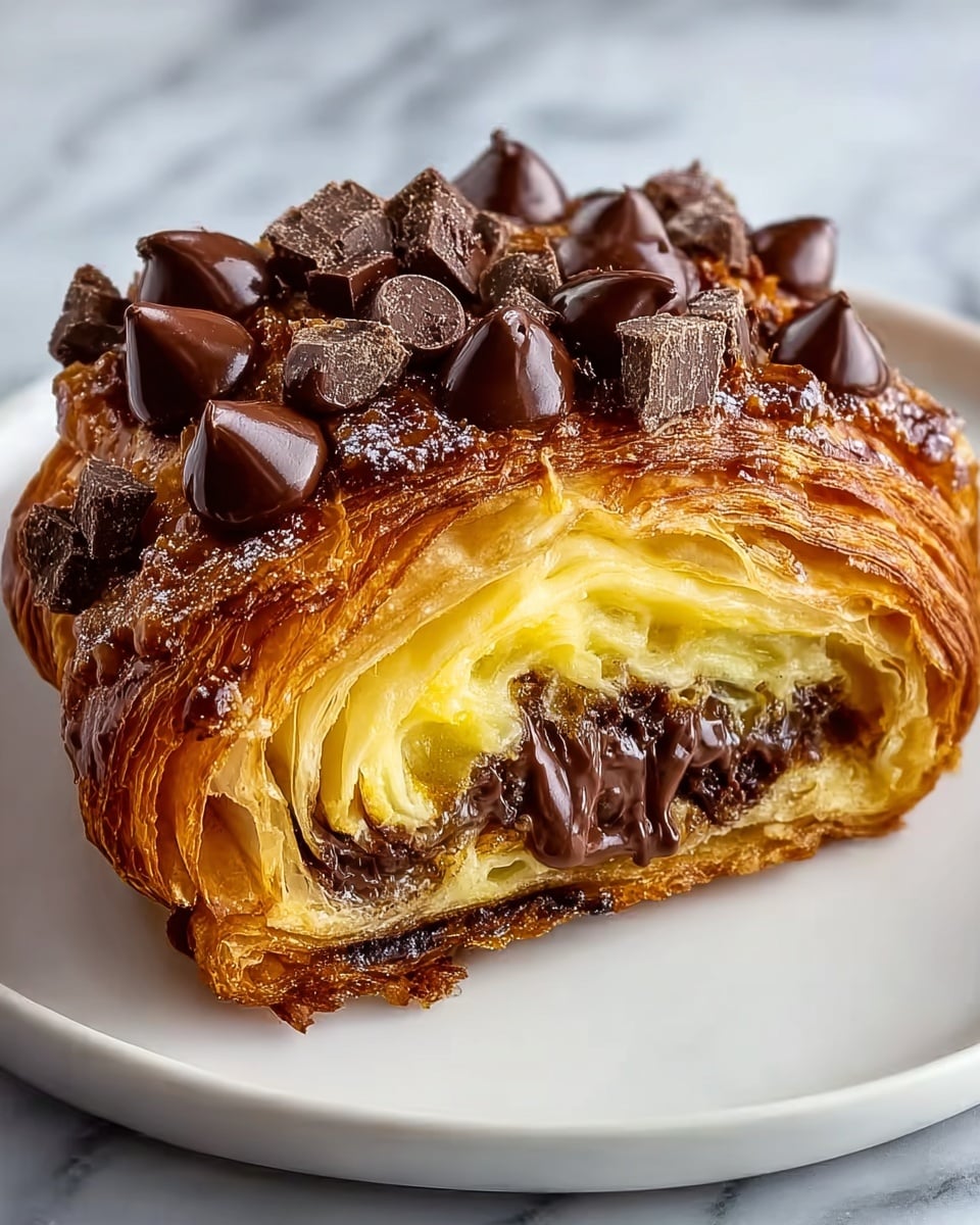 The image shows a close-up of a cut pastry placed on a white plate over a white marbled surface. The pastry has multiple layers, with the outer layer being golden brown and flaky, showing a spiral pattern typical of croissants. Inside, there are two main layers: a lighter yellow creamy custard filling in the middle and a darker chocolate filling beneath it, creating contrast. The top is covered with generously scattered dark chocolate chunks and dollops of glossy chocolate ganache, adding texture and richness. The pastry looks soft and moist inside with a crispy outer crust, capturing a warm and indulgent dessert. Photo taken with an iphone --ar 4:5 --v 7