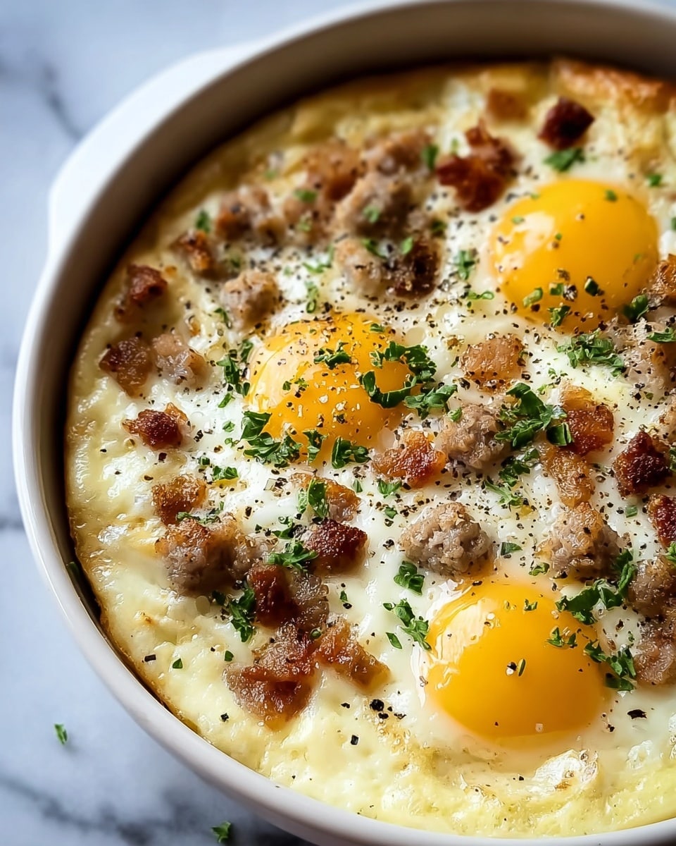 A close-up of a white bowl filled with a baked egg dish showing four bright yellow egg yolks on top, each surrounded by soft, light cream-colored cooked egg whites forming a smooth base layer. Scattered across are light brown sausage pieces and small crispy bacon bits adding texture and contrast. The dish is sprinkled with finely chopped green herbs and black pepper, adding color and detail to the surface. The bowl rests on a white marbled texture, giving a clean and bright look. photo taken with an iphone --ar 4:5 --v 7