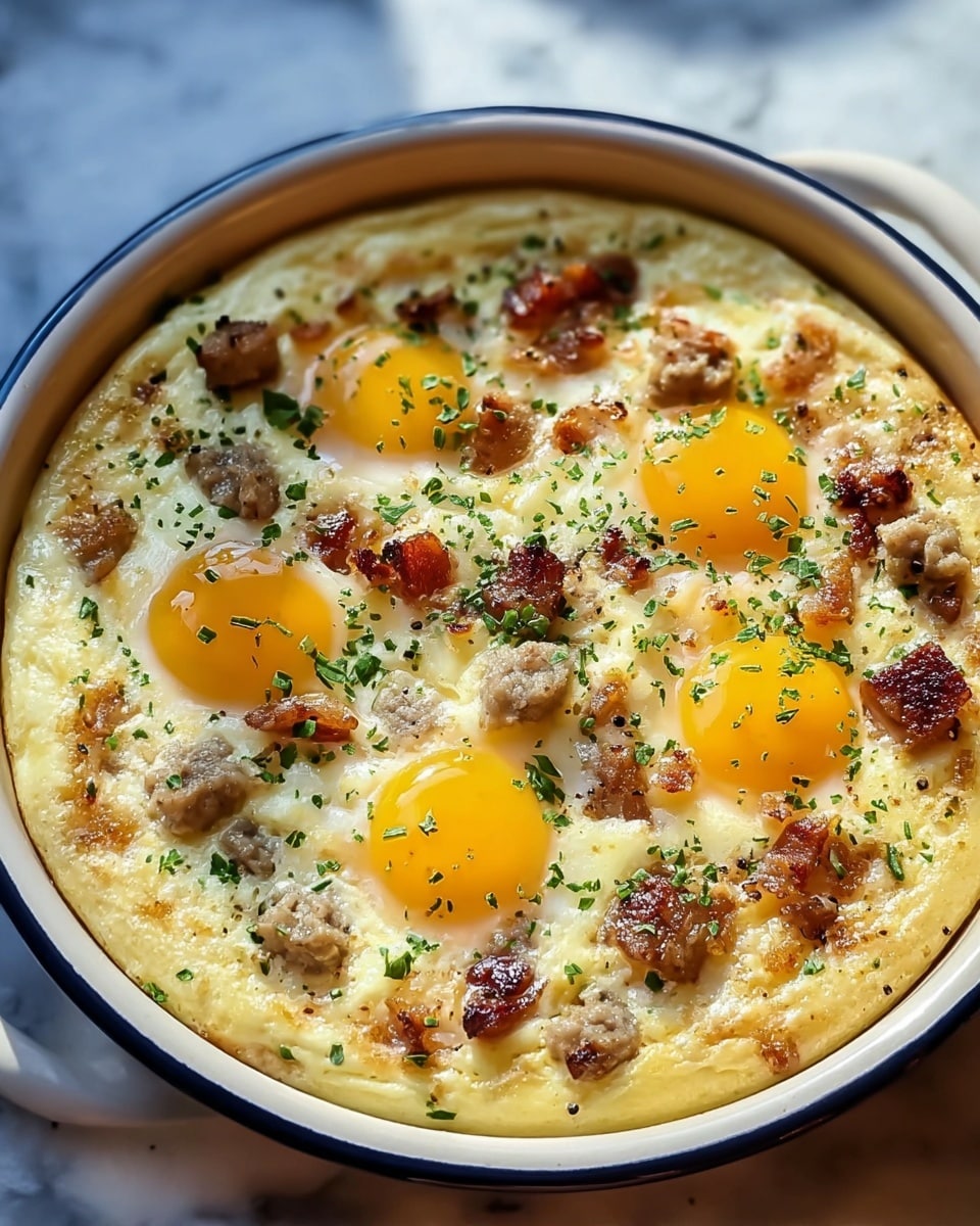The image shows a round egg bake inside a white ceramic pan with a blue rim. The egg bake has a thick, pale yellow base with a slightly fluffy texture. There are five whole egg yolks visible on top in a loose circle, glowing bright yellow and glossy. Scattered across the surface are small chunks of browned sausage and crispy bacon pieces, adding a varied mix of light brown and deep red hues. The whole dish is sprinkled with finely chopped green herbs and cracked black pepper, giving a fresh, speckled look. The background is a white marbled surface with soft natural light creating a warm and inviting atmosphere. Photo taken with an iphone --ar 4:5 --v 7