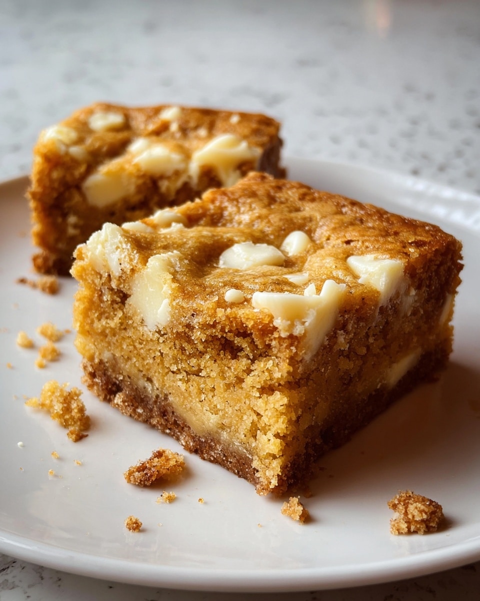 Two square pieces of a thick, golden-brown cake are placed on a white plate with a few crumbs scattered around. Each piece has a soft, slightly crumbly texture with visible chunks of white chocolate mixed inside and on top. The top layer is a smooth, slightly cracked crust that shines under soft light. The background shows a blurred, white marbled surface. photo taken with an iphone --ar 4:5 --v 7