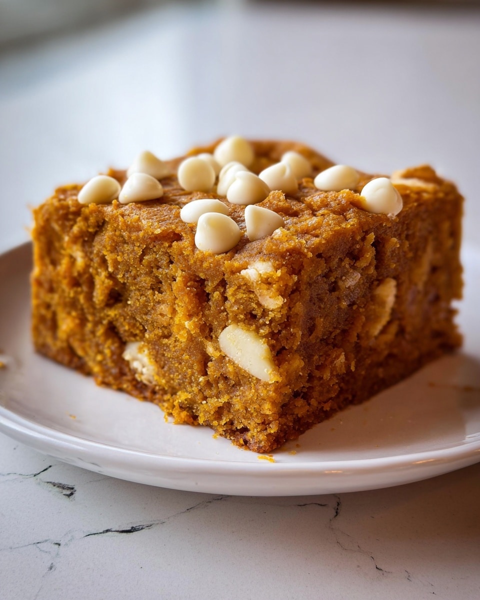 A square piece of moist, dense pumpkin cake with a rich orange-brown color sits on a white plate, topped with scattered white chocolate chips that add small creamy accents on the rough, crumbly top surface. The cake's texture shows a soft, tender crumb with white chunks inside, possibly pieces of white chocolate or nuts, visible on the sides. The background is a white marbled surface with soft natural light coming from the side, highlighting the cake's moistness and the slight shine on the plate. photo taken with an iphone --ar 4:5 --v 7