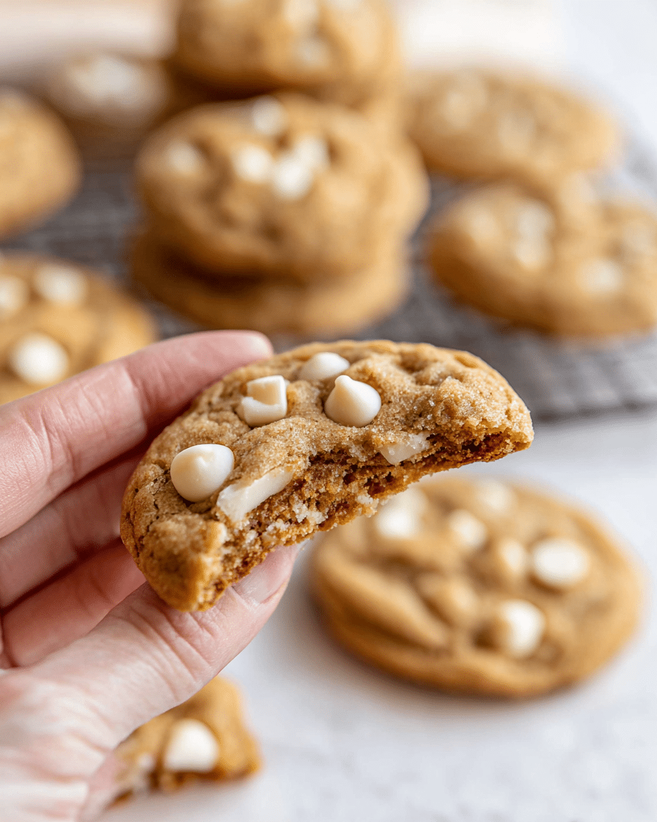 A close-up of a woman's hand holding a bitten soft cookie that is light brown with white chocolate chips scattered throughout. The cookie has a slightly rough texture with visible cracks and gooey spots around the bite. In the blurred background, several similar cookies with the same color and chip pattern are stacked on a wire cooling rack placed on a white marbled surface. The image captures the warmth and softness of the cookies, highlighting the contrast between the golden-brown dough and the creamy white chocolate chips. photo taken with an iphone --ar 4:5 --v 7