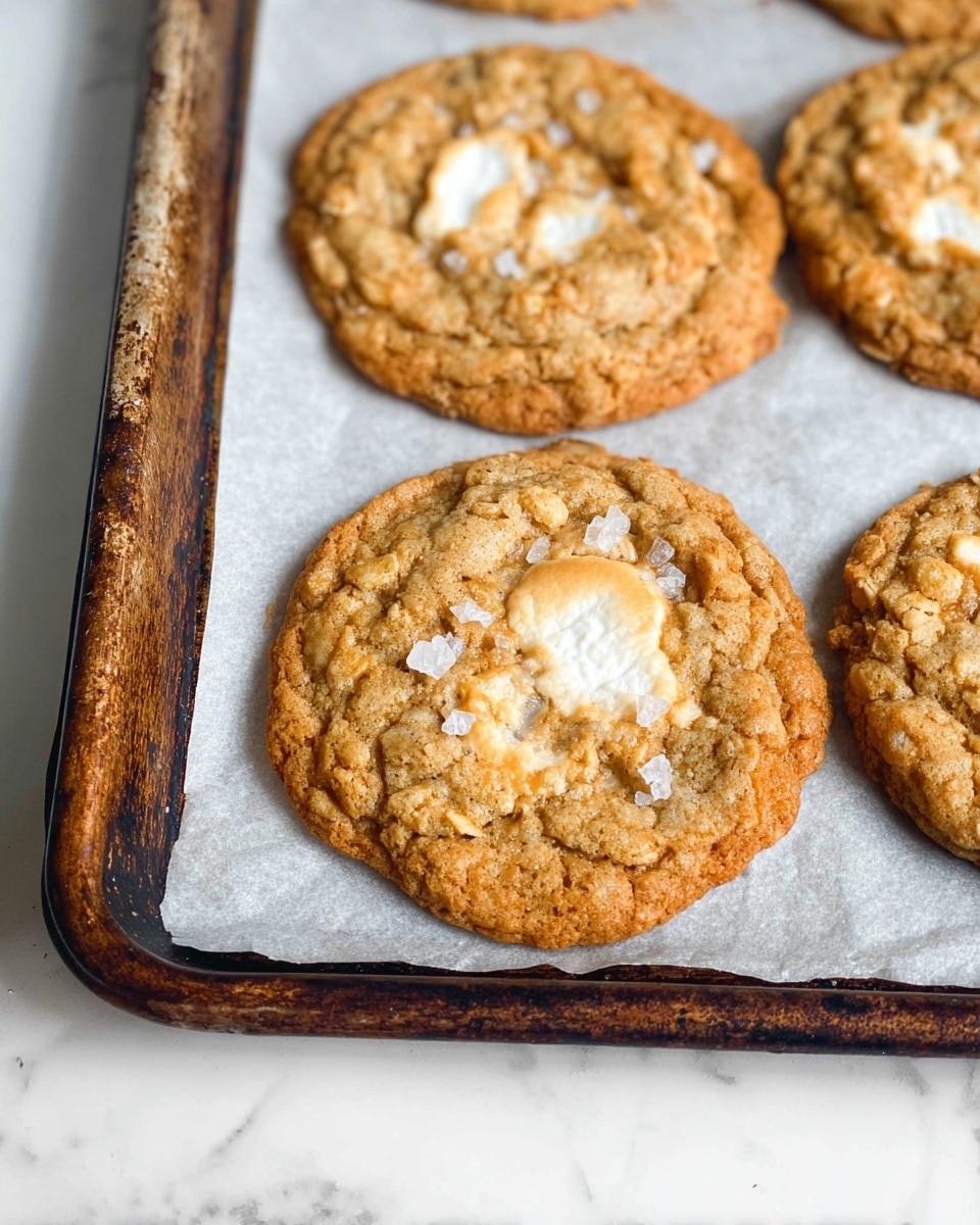 The image shows three golden brown oatmeal cookies on a baking tray lined with parchment paper. Each cookie has a slightly rough and crumbly texture with visible oatmeal flakes and patches of melted white marshmallow in the center, giving a soft, gooey look. Small shiny flakes of sea salt are sprinkled on top, adding a shiny contrast against the warm cookie color. The tray is dark and worn, resting on a white marbled surface. The cookies look freshly baked with slightly crispy edges and a chewy center. photo taken with an iphone --ar 4:5 --v 7
