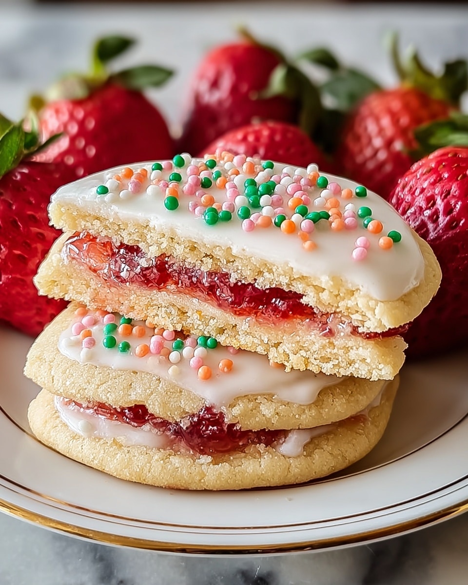 The image shows a close-up of a sliced, round cookie with three layers: the bottom and top layers are light golden-brown and crumbly, the middle layer is red strawberry jam with a slightly shiny texture, and the top is covered with white icing sprinkled with small, round, colorful candy beads in red, green, orange, and pink. The cookie halves are stacked on a white plate with a thin gold rim, and fresh red strawberries with green leaves are arranged around the cookie. The background is a white marbled texture. photo taken with an iphone --ar 4:5 --v 7