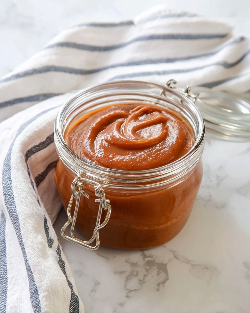 A clear glass jar with a metal clasp is filled to the top with a smooth, thick sauce that has a reddish-brown color and a glossy texture. The jar sits on a white marbled surface, and behind it is a white cloth with thin blue stripes casually spread out. The sauce has soft swirls on its surface, showing a rich and creamy consistency. The jar lid is open and resting behind the jar. photo taken with an iphone --ar 4:5 --v 7