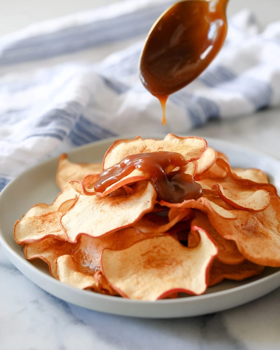 A pile of thin, light beige dried apple slices with reddish edges is layered loosely on a round white plate, with a thick, glossy brown sauce being poured from a spoon above, some sauce resting in pools on the apple slices, creating a shiny texture contrast. The scene is set on a white marbled surface, and a soft white cloth with blue stripes is blurred in the background. photo taken with an iphone --ar 4:5 --v 7