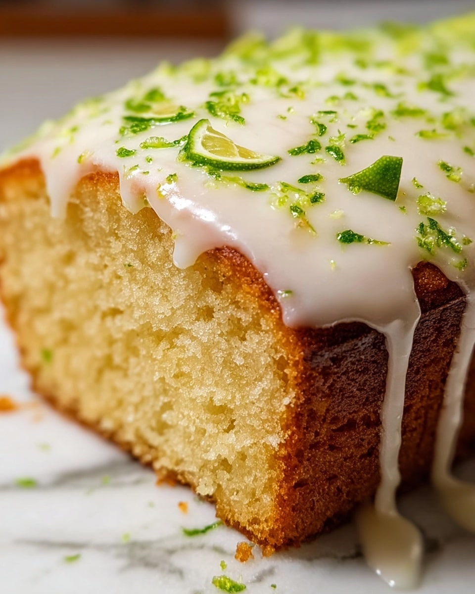 A close-up of a single-layer light yellow cake with a soft and moist texture, topped generously with a smooth white glaze that drips slightly down the sides. Small bright green lime zest pieces are scattered evenly on the glaze, adding a pop of color and texture. The cake is placed on a white marbled surface, highlighting its golden brown edges and creamy topping. Photo taken with an iphone --ar 4:5 --v 7