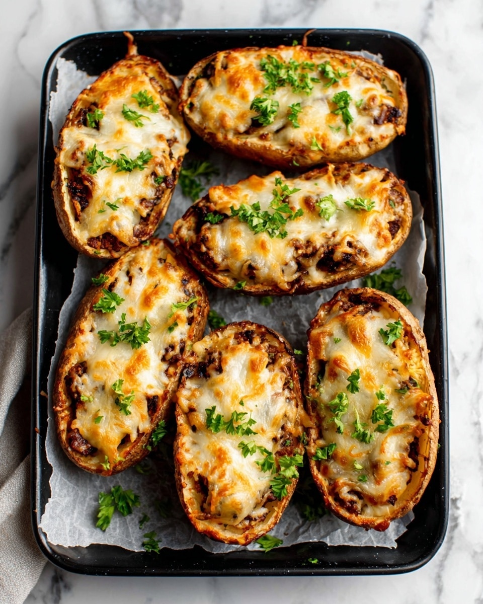 The image shows five stuffed potato skins arranged in a black tray lined with parchment paper. Each potato skin has a crispy golden-brown edge, a dark brown filling that looks savory, topped with melted white cheese that is slightly browned in spots and sprinkled with fresh green parsley. The tray is placed on a white marbled surface, and the lighting highlights the melted cheese and crispy texture clearly. Photo taken with an iphone --ar 4:5 --v 7