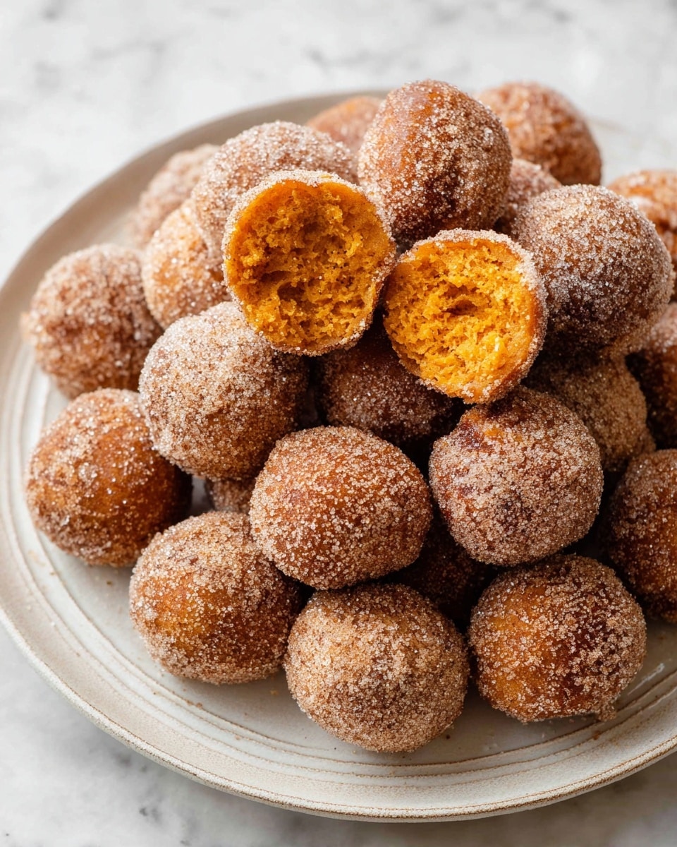 A round plate filled with many small, round doughnut balls covered in a sugar and cinnamon mix, each ball having a rough sugary texture on the outside in light and dark brown shades. One doughnut ball is cut open at the top center of the plate, showing a soft, fluffy inside in bright orange with a slightly crumbly texture. The plate has a white color with subtle ridges around the edge. All is placed on a white marbled textured surface. photo taken with an iphone --ar 4:5 --v 7