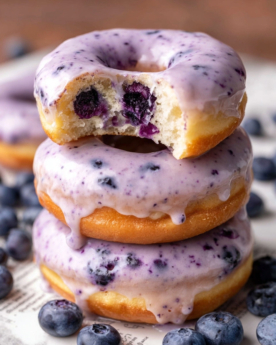 Three stacked fluffy doughnuts with light golden brown color, each topped with thick, creamy lavender-purple glaze speckled with tiny darker purple bits. The top doughnut has a bite taken out, revealing a soft interior dotted with juicy, dark purple blueberries inside. The doughnuts sit on a white marbled surface scattered with fresh blueberries around them and a portion of some printed paper beneath. The creamy glaze smoothly covers the top halves of the doughnuts, dripping slightly around edges, showing a soft, moist texture beneath. photo taken with an iphone --ar 4:5 --v 7