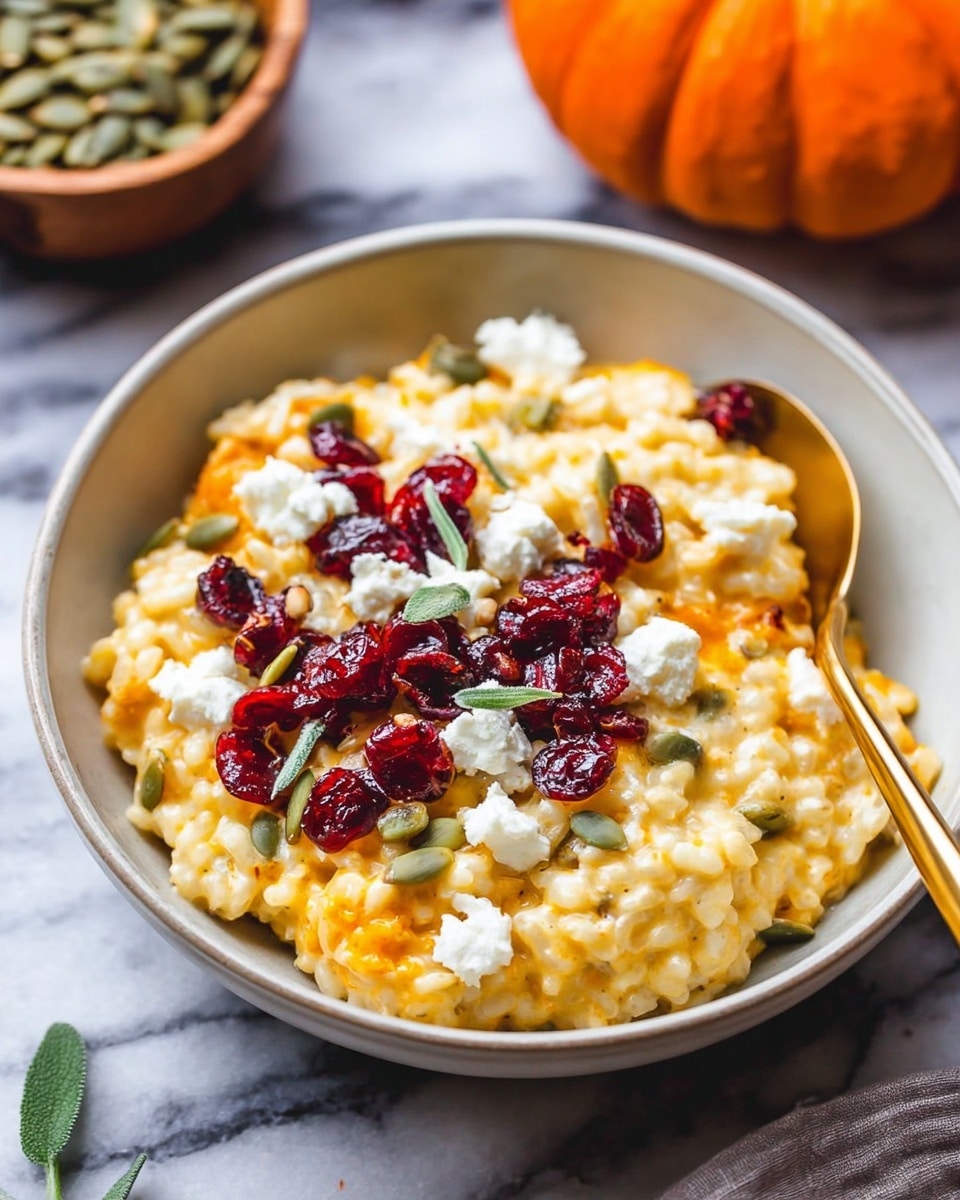 A bowl with creamy orange risotto as the base layer, showing a soft and slightly lumpy texture, topped with scattered bright red dried cranberries, small white dollops of cheese, and light green pumpkin seeds, along with a few green herb leaves. The bowl is white, and it sits on a white marbled surface. A gold spoon rests inside the bowl on the right side, partially submerged in the risotto. In the background, an orange pumpkin and a small bowl of pumpkin seeds can be seen blurred. Photo taken with an iphone --ar 4:5 --v 7