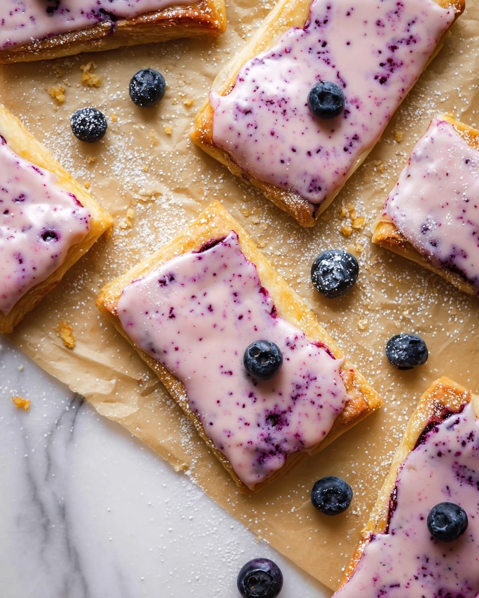 The image shows several rectangular golden-baked pastries with a light, flaky crust arranged on a sheet of parchment paper over a white marbled surface. Each pastry has a thick layer of creamy, pale pink glaze spread unevenly on top, with small dark purple specks mixed throughout the glaze, creating a speckled effect. Scattered around the pastries are whole fresh blueberries adding pops of deep blue color. The texture of the pastries looks soft yet firm, and some powdered sugar is lightly dusted around the pastries on the parchment paper. photo taken with an iphone --ar 4:5 --v 7