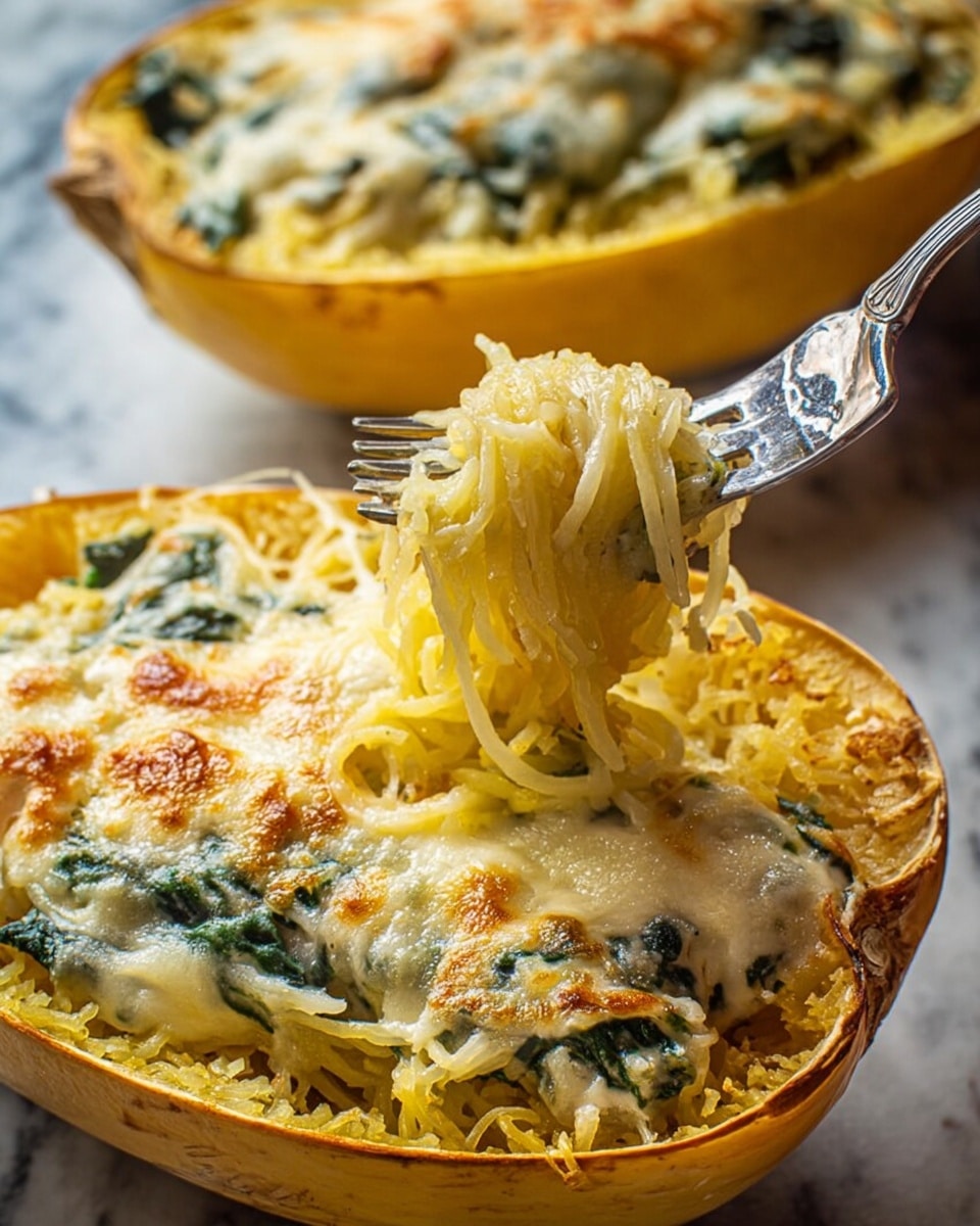 The image shows a close-up of a spaghetti squash boat filled with creamy spaghetti pasta. The spaghetti strands are pale yellow and tender, mixed with soft cooked spinach leaves that add dark green patches. The top layer has melted cheese that is melted with golden spots and bubbles, covering the pasta lightly. A silver fork lifts a portion of the spaghetti, showing the strands twirling around it inside the squash shell which has a smooth, light yellow outer edge. Another baked spaghetti squash filled with the same dish is slightly blurred in the foreground. The surface underneath is a white marbled texture. photo taken with an iphone --ar 4:5 --v 7