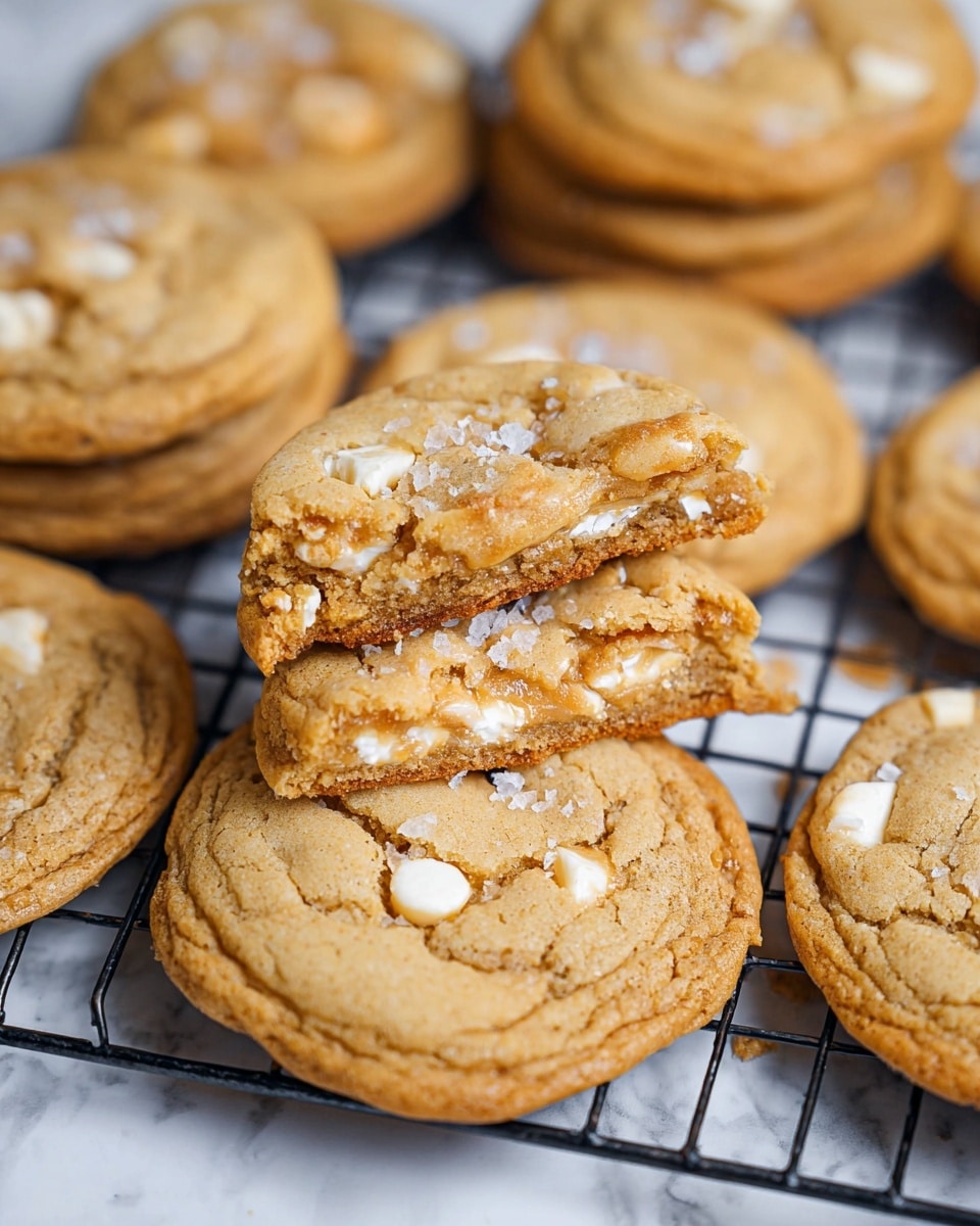 The image shows several soft, golden-brown cookies with a slightly cracked surface, scattered with white chunks and sprinkled with coarse salt flakes on top. One cookie is split and placed on top of a whole cookie, revealing a thick cross-section full of white chunks inside. The cookies rest on a black metal cooling rack placed over a white marbled surface. photo taken with an iphone --ar 4:5 --v 7