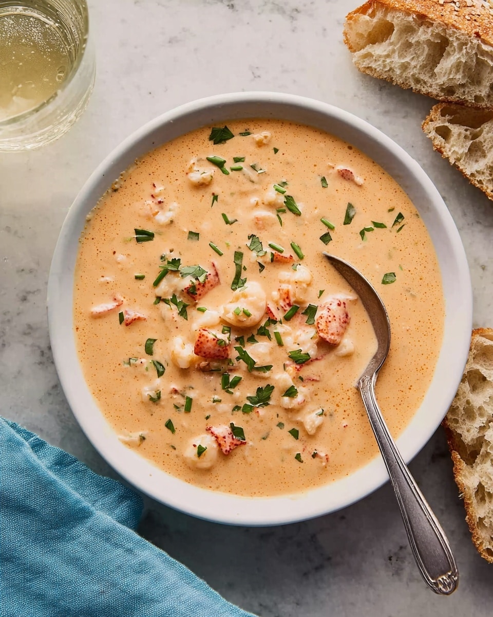 A white bowl holds a creamy soup with a thick pale orange base that is smooth and rich looking, filled with small chunks of shrimp and bits of red lobster meat scattered throughout, topped with bright green herbs and chopped green onions. A spoon with a curved handle sits inside the bowl on the right side, partly dipped in the soup. On the right side of the bowl, there are two pieces of rough, torn bread with a crunchy crust and soft inside. In the top left corner, a clear glass with some light liquid inside is partially visible, and a light blue cloth napkin is at the bottom left corner. The background is a white marbled surface. Photo taken with an iphone --ar 4:5 --v 7