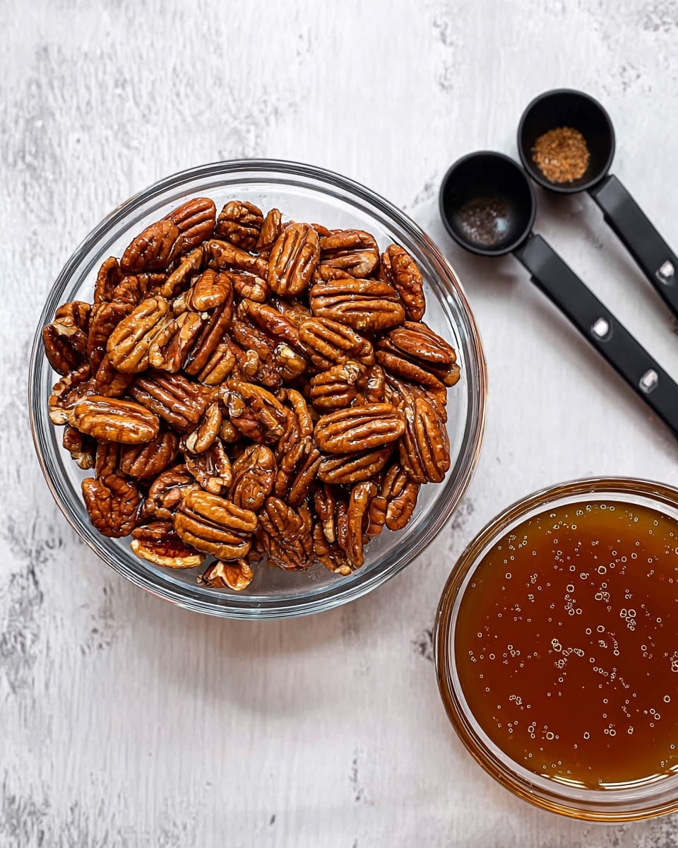 This image shows a clear glass bowl filled with a layer of whole and halved pecans, their rich brown color and textured ridges clearly visible. Next to this bowl, there is another clear glass bowl containing a thick, dark amber syrup with a smooth, glossy surface and small bubbles. Near the bowls, there is a set of black measuring spoons resting on a white marbled surface. photo taken with an iphone --ar 4:5 --v 7