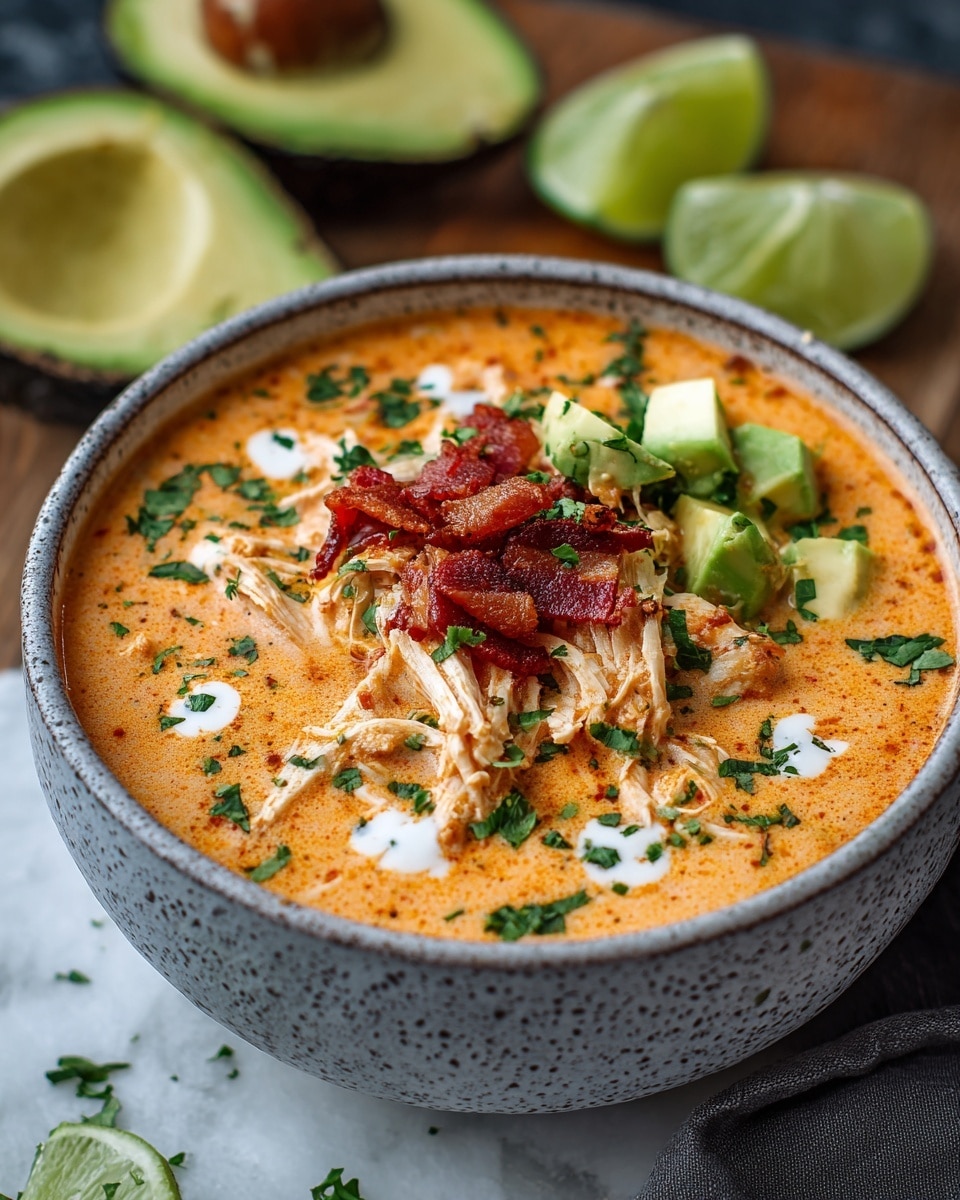 The image shows a speckled gray bowl filled with creamy orange soup. The soup has shredded chicken pieces in the center topped with small crispy reddish-brown bacon pieces. To one side of the chicken, there are small chunks of fresh green avocado. The soup is sprinkled with chopped green herbs, with small white dots of cream spread across the surface. Around the bowl, there are fresh lime wedges and sliced avocado in the background, all placed on a white marbled texture. photo taken with an iphone --ar 4:5 --v 7