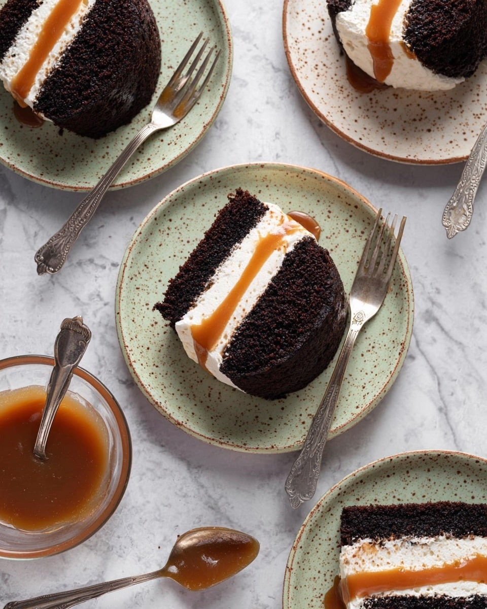 The image shows slices of dark chocolate cake with a thick layer of white cream in the middle and a drizzle of golden caramel sauce on the sides. Each slice is placed on a white plate with small brown specks and a vintage silver fork beside it. The cake has a soft, moist texture, and the caramel sauce looks smooth and shiny. There is also a glass bowl with caramel sauce and a spoon inside it on the side. The background is a white marbled surface. photo taken with an iphone --ar 4:5 --v 7
