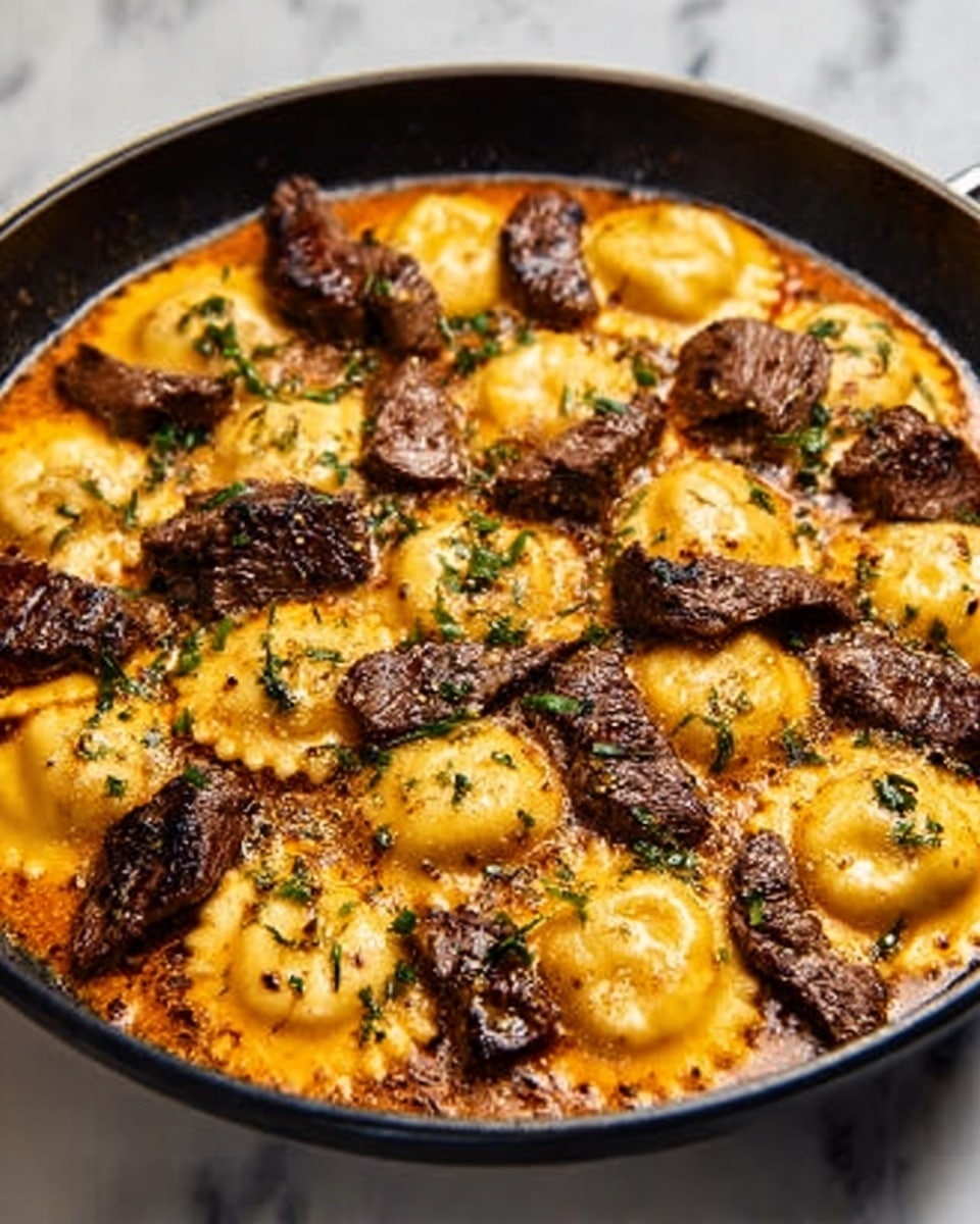The image shows a black pan filled with a cooked dish featuring two main layers. The bottom layer is a rich, glossy orange sauce that covers the pan evenly. Above this sauce, there is a mix of golden-brown ravioli arranged in a circle around the pan, each ravioli showing slightly browned edges and a soft texture. Scattered between the ravioli are pieces of dark brown steak, their surface seared and slightly shiny, adding texture contrast. Small green herb bits are sprinkled evenly over the entire dish, adding a touch of brightness. The pan is on a white marbled surface. Photo taken with an iphone --ar 4:5 --v 7