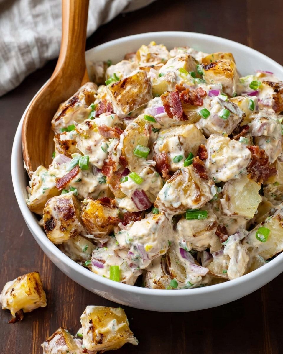 A white bowl is filled with chunky pieces of golden-brown grilled potatoes mixed with a creamy white dressing. Scattered throughout are small bits of crispy brown bacon, finely chopped purple onions, and bright green chopped scallions, creating a colorful contrast. The texture is thick and rich, with the ingredients closely mixed, and there is a wooden spoon resting inside the bowl, slightly lifting some of the salad. The bowl sits on a dark wooden board, with a few potato pieces scattered around. Photo taken with an iphone --ar 4:5 --v 7