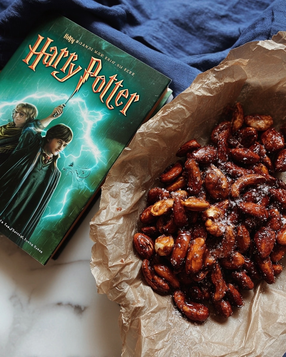 A close-up image shows a bundle of mixed nuts coated with a shiny, sticky glaze with some salt crystals visible, resting on crumpled beige parchment paper; the nuts vary in shapes and rich brown shades, giving a textured look. The parchment lies on a deep blue cloth placed on a white marbled background. Next to the nuts is a Harry Potter book with a green cover featuring two characters and magical glowing light, adding a cozy and inviting setting. photo taken with an iphone --ar 4:5 --v 7