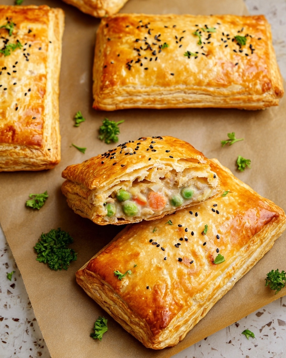 The image shows four golden brown rectangular puff pastries with a flaky texture and slightly raised edges, each topped with scattered small black seeds. One pastry is cut open and placed on top of another, revealing a creamy filling inside made up of a light beige sauce with visible green peas, orange carrot pieces, and herbs. The pastries are set on a light brown baking paper on a surface with a white marbled texture, and small green parsley sprigs are scattered around the pastries. Photo taken with an iphone --ar 4:5 --v 7
