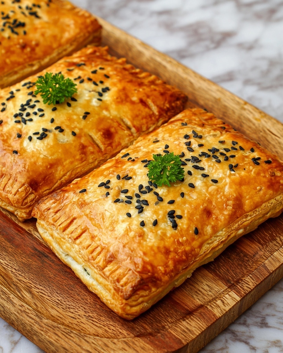 The image shows three rectangular, golden-brown puff pastries on a wooden board, each with a flaky, crisp texture and a slightly glossy surface. The pastries have ridged edges pressed with a fork and three small slits on the top layer. Black sesame seeds are scattered across the top, adding contrast to the pastry’s golden color. One pastry is decorated with a small green parsley sprig at the center. The wooden board beneath them shows a natural grain pattern. The background surface is a white marbled texture. photo taken with an iphone --ar 4:5 --v 7